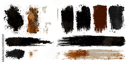 Various artistic brush stroke textures and splatters in earthy tones of black, brown, and tan, providing a versatile graphic resource for creative projects.
