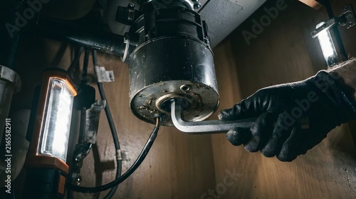 Hand in glove using Allen wrench to repair a kitchen garbage disposal lit by bright LED work light under sink.