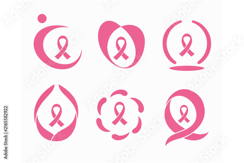 Breast cancer awareness emblems featuring pink ribbons in organic frames for healthcare.