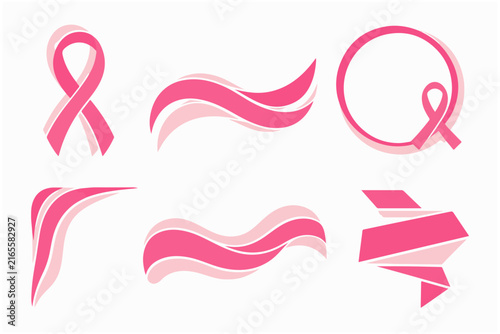 Pink ribbon breast cancer awareness design elements with waves and abstract frames set.