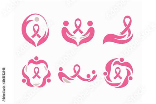 Pink ribbon awareness icons with caring hands and human figures for health support groups.