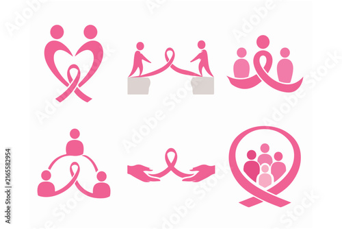 Pink ribbon breast cancer awareness icons with abstract human figures for social causes.