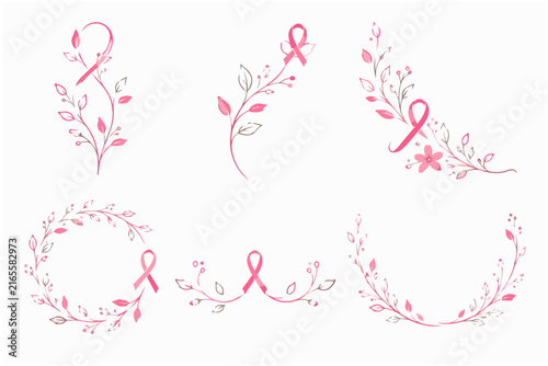 Pink ribbon floral wreath and branch designs for breast cancer awareness event decor.