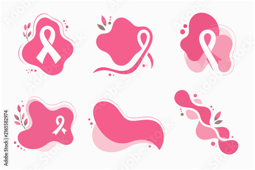 Pink ribbon breast cancer awareness stickers with fluid liquid background shapes set.