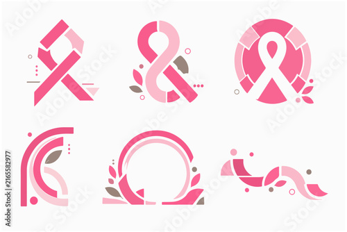 Abstract breast cancer awareness logo collection with pink ribbon and geometric shapes.