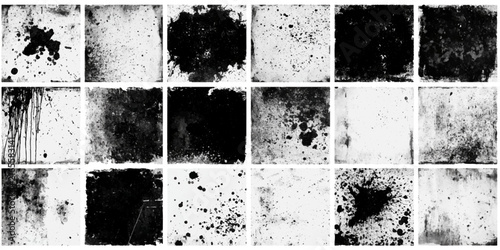 A collage of grunge textures, featuring a variety of distressed patterns, splatters, and smudges, perfect for adding a gritty, aged, or artistic feel to designs.