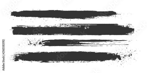 A set of four distinct black brush strokes, exhibiting a rough, textured appearance and subtle paint splatter, are presented in a minimalist, graphic style.