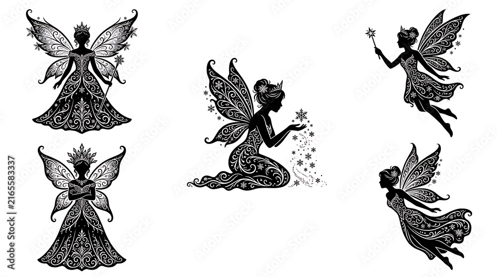 Obraz premium Fairy silhouette icon set with magical wings and fantasy queen characters in black ink.