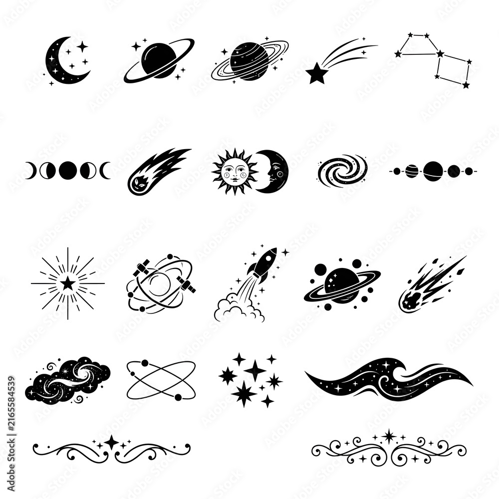 Obraz premium Celestial Space and Astronomy Icons Set Vector Silhouette Collection