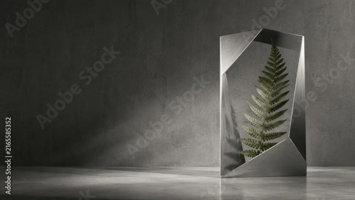 Contemporary architectural metal planes with green fern in minimalist luxury interior