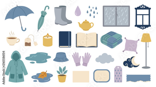 Фотография Set of cute rainy day weather elements and cozy home items.
