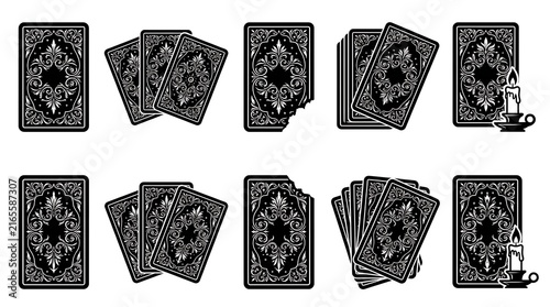 Ornate tarot card icon set with decorative back designs and mystical candle illustrations