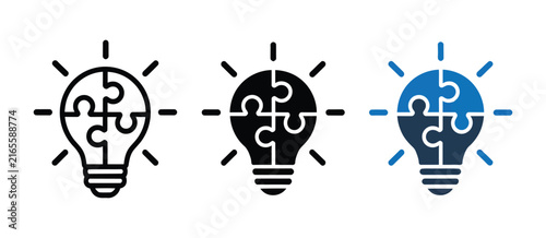 Problem solving icon set, lightbulb and puzzle pieces representing creative thinking, ideas, innovation, solutions, strategy, decision making, and business concepts.