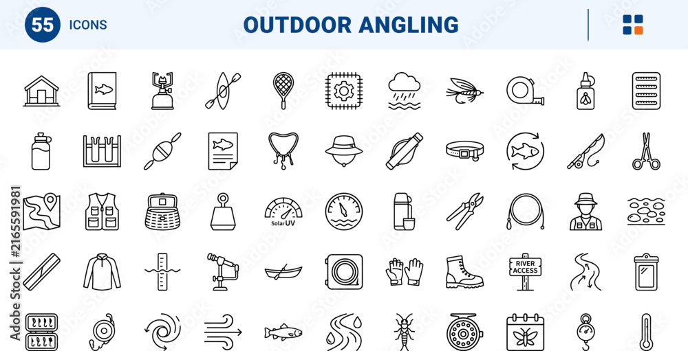 Fototapeta premium Fly Fishing River line icon set. Vector pictograms of tackle, gear, stream, and insect elements, thin linear illustration.