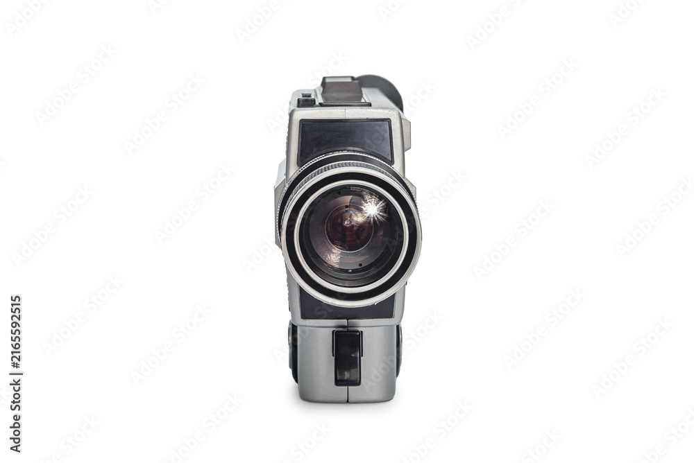 Fototapeta premium Retro film camera. Old film camera turned with lens forward. White background, isolated.