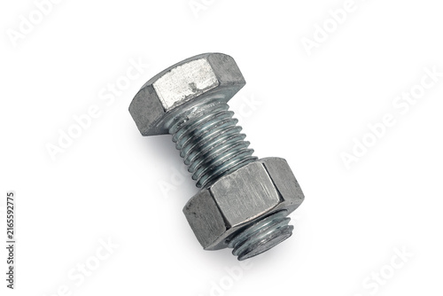 Metal bolt and nut twisted on white background. Concept of teamwork, partnership and cooperation.