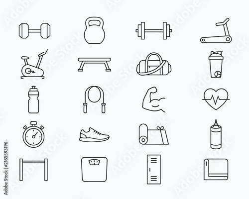 20 Fitness, Gym, and Workout Line Icons Set for Sports and Health Apps