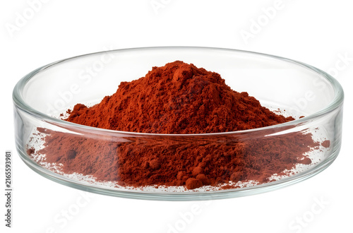 astaxanthin powder, red fine powder in clear glass laboratory petri dish. png on transparent background. 	