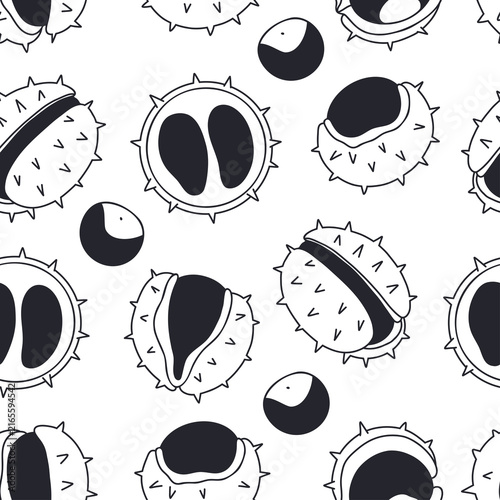 Seamless Pattern Autumn Chestnut Hand Drawn. Whole Cracked and Spiky Shells with Nut Background