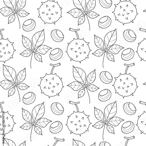 Chestnut Seamless Pattern. Autumn Leaves of Whole, Open And Peeled Nuts In Spiky Husks Background. Outline Hand Drawn