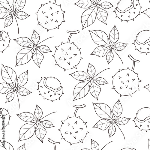 Autumn Chestnut Seamless Pattern. Outline Leaves of Whole, Open And Peeled Nuts In Spiky Husks Background. Hand Drawn