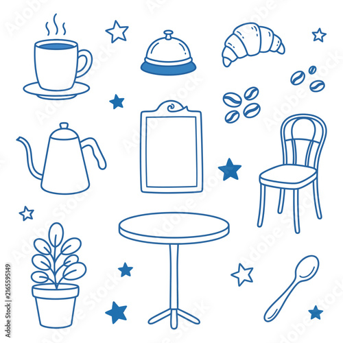 Bild auf Leinwand Set of cute hand drawn cafe elements with coffee cup croissant table and chair i