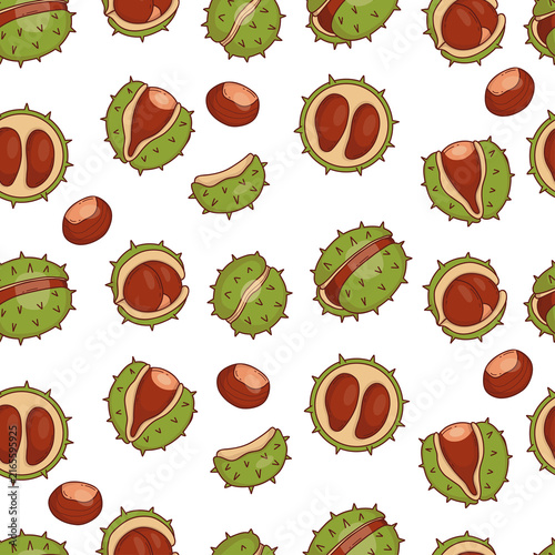 Seamless Pattern with Autumn Chestnut In Spiky Husks on Green Background. Hand Drawn Doodle