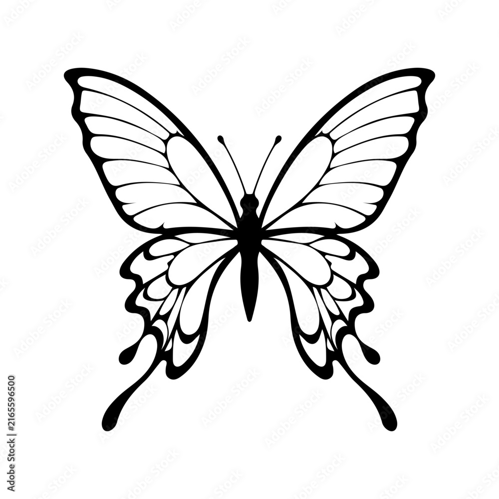 Obraz premium Luxury Ornamental Swallowtail Butterfly Silhouette with Flowing Tail Wings Black and White Vector Illustration Isolated on White Background for Logo, Tattoo, Sticker and Decorative Nature Design