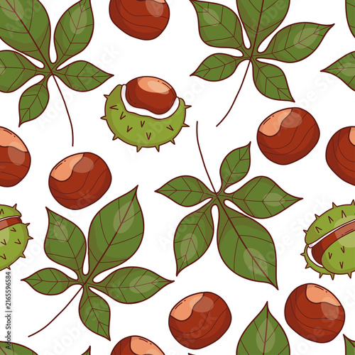 Chestnut Seamless Pattern. Leaves Whole, Open And Peeled Nuts In Green Spiky Husks Background. Hand Drawn.