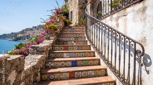 Mediterranean Tiled Staircase with Sea View on Italian Coast
