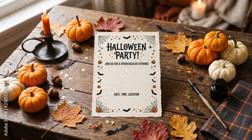 Halloween Party Invitation Card with Pumpkins and Autumn Leaves