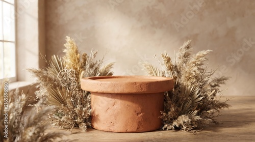 Empty Terracotta Pot Podium with Dried Pampas Grass Display
