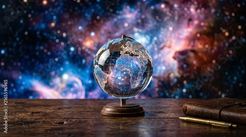 Crystal Glass Globe on Wooden Desk with Galaxy Background