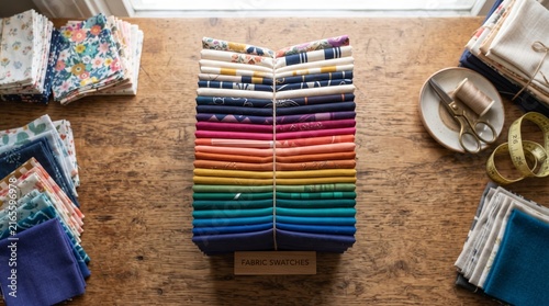 Colorful Fabric Swatches Stack in Sewing Studio Workshop