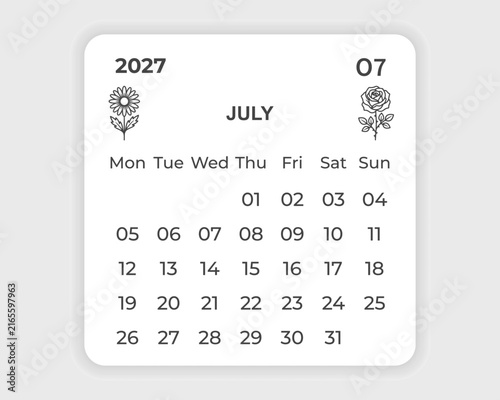 2027 calendar july month page template floral botanical line art planner