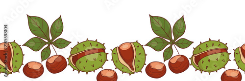 Autumn Chestnut and Leaves Seamless Border. Nuts In Spiky Green Husks Background. Botanical Horizontal Ribbon Frame