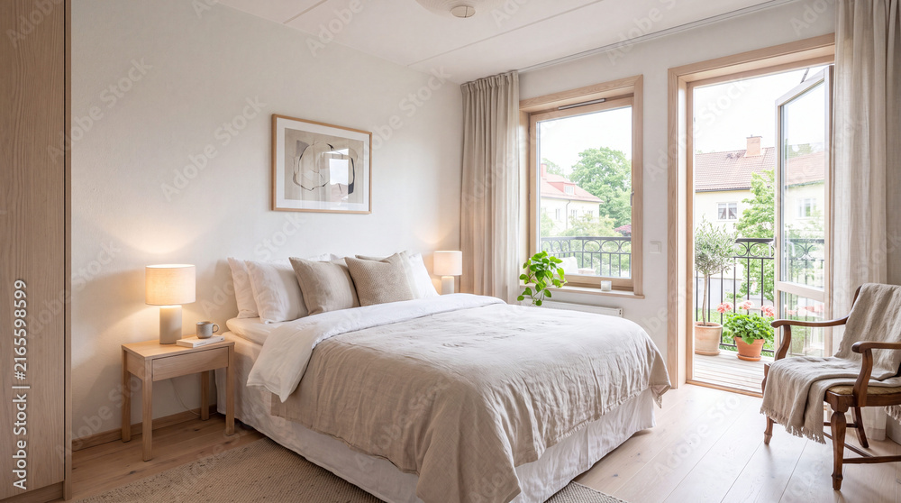 Fototapeta premium Sunlit Linen Bedroom with Open Balcony Door