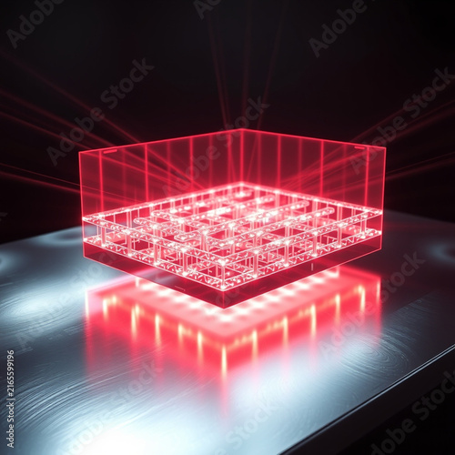 Plakat Holographic red laser grid matrix cube 3D rendering