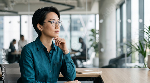 A thoughtful woman with glasses in an office setting gazes outward, symbolizing professionalism and future vision, suitable for business concepts.