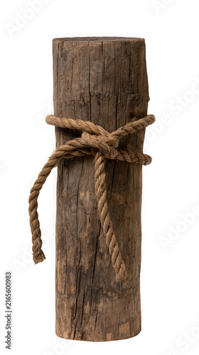 Weathered dock post with a rope tied around it