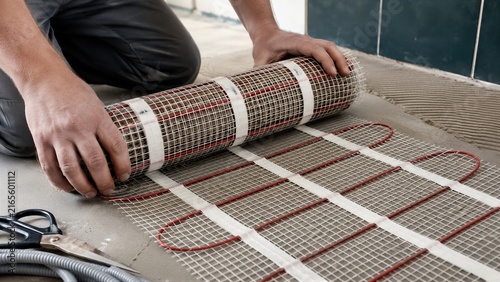Man installer rolling out electric underfloor heating mat on concrete floor. Warm floor heating system installation and energy efficient home renovation concept