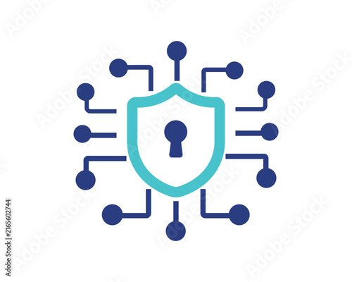 Digital security shield icon surrounded by network connection nodes and circuit elements with cyber security