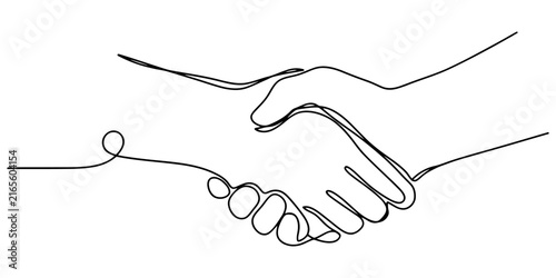 Simple line art drawing of two people shaking hands representing a business deal or partnership agreement between two parties isolated in a minimal style graphic design illustration