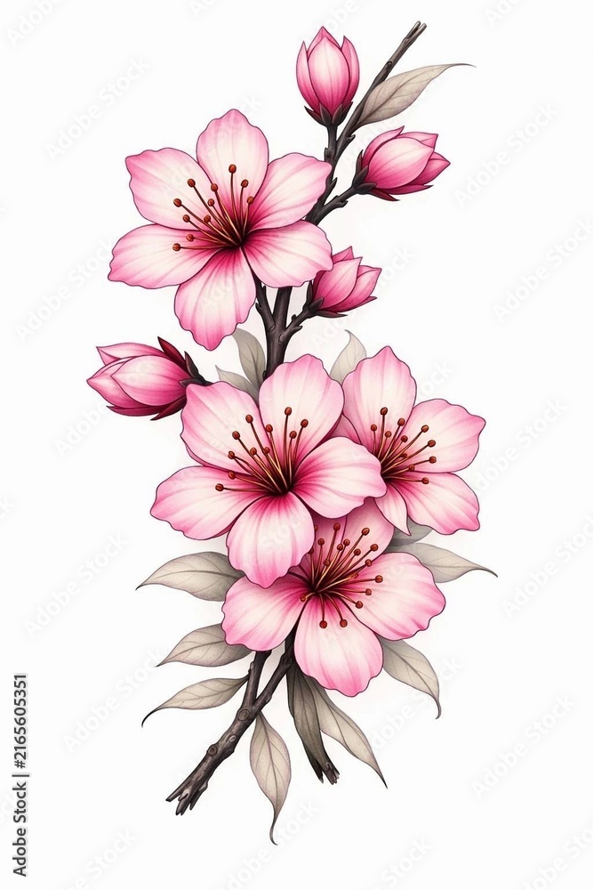 Obraz premium Pink cherry blossom flower branch illustration, elegant blooming sakura floral element isolated on white background, AI generated.