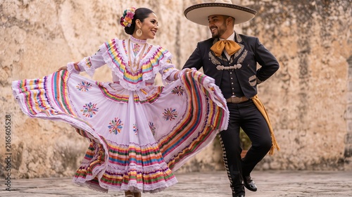 Woman and man dancing traditional Mexican folkloric dance in colorful costume. Hispanic heritage celebration and cultural diversity. National Hispanic Heritage Month festival concept