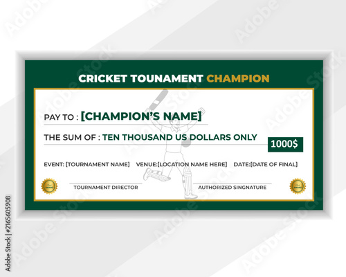 Cricket tournament champion prize check voucher template award winning cash