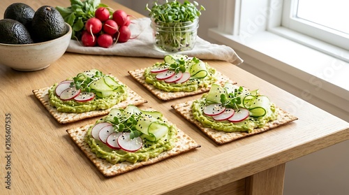 Healthy avocado toast with sliced radish and fresh greens on crisp bread served on a wooden kitchen table. Matzah recipe ideas