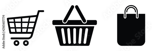 Shopping cart icon set, black basket and shopping bag symbols for retail, e-commerce, online purchasing, checkout, stores, product delivery, and consumer shopping.