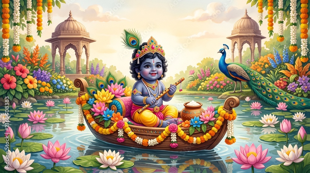 Fototapeta premium Baby krishna sitting in boat on lotus pond