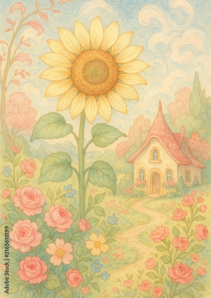 Fototapeta premium Whimsical floral cottage landscape